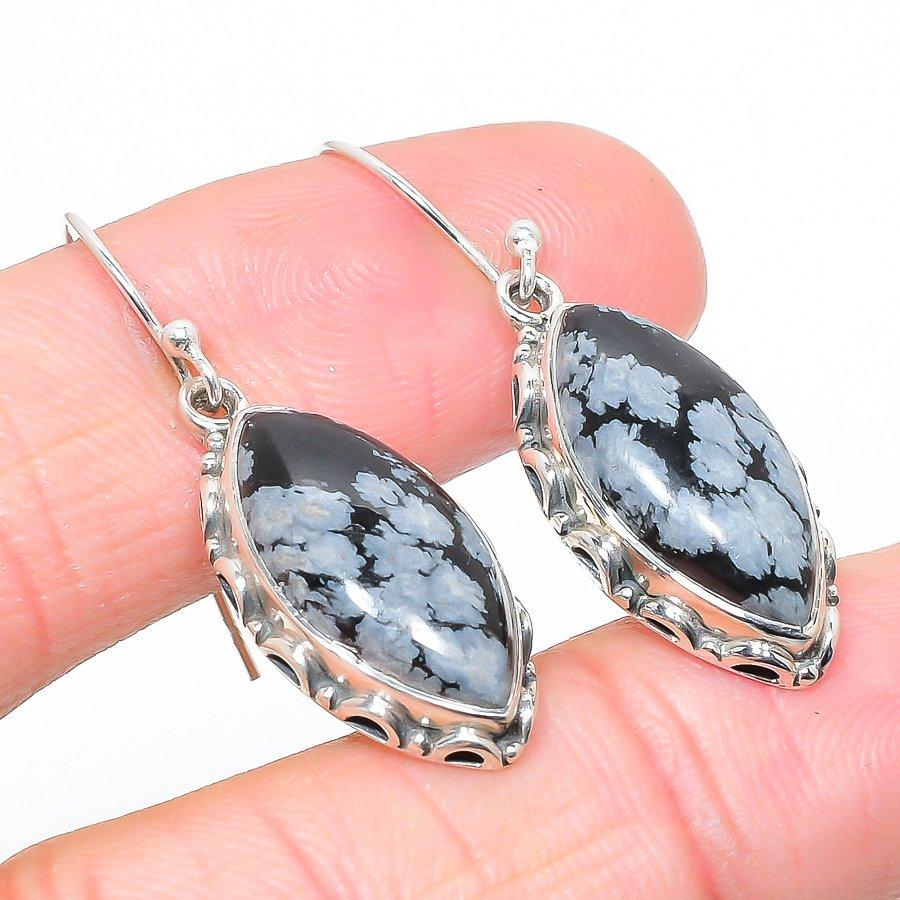 Natural Snowflake Obsidian Gemstone 925 Solid Sterling Silver Earring 1.50" H5q93