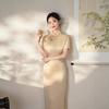 New Chinese style light yellow beautiful cheongsam waist embroidery high-end temperament 1011 summer daily dress women