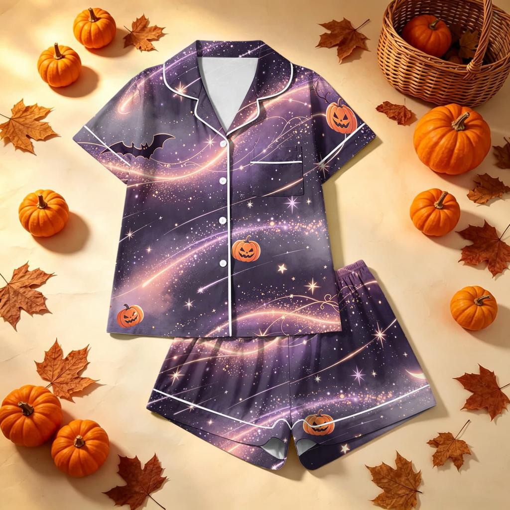 Women's Halloween Printed Pajama Two-Piece Set - Comfortable Sleepwear for Home & Sleep