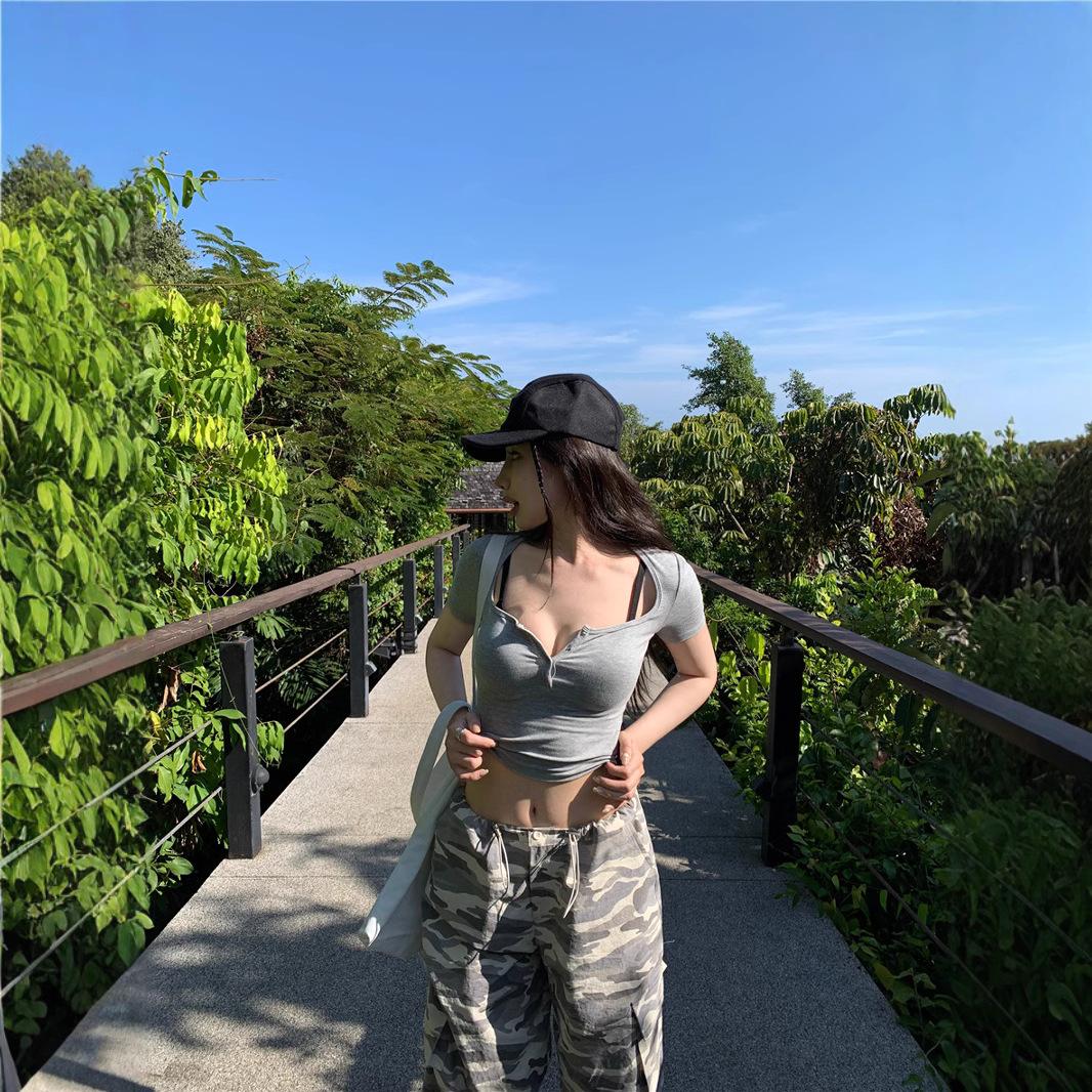 

Кроп-топ с V-образным вырезом, сексуальная футболка с низким вырезом, тонкая укороченная футболка M серый