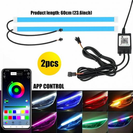 2PCS RGB Flexible 60cm Auto Car LED DRL Tube Strip Headlight Light APP Control