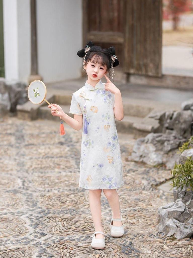 Girls' Cat Print Qipao Dress - New Chinese Style Summer Wear 2026