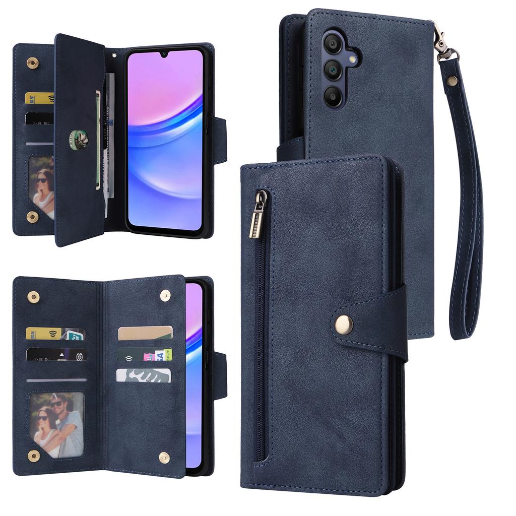 For Samsung Galaxy A17 5G/A17 4G/A26 5G Case Zipper Wallet Rivet Decor Leather Phone Cover with Wrist Strap