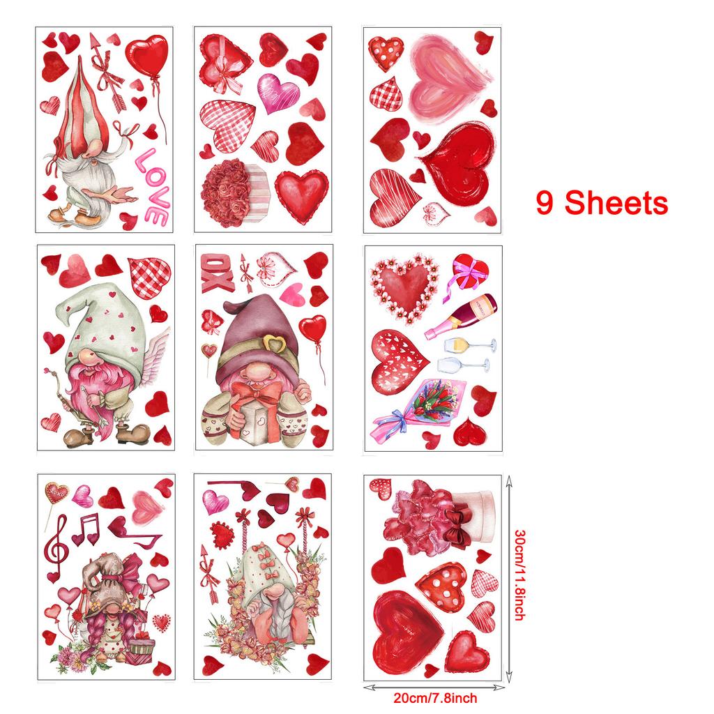 9Pcs 20x30cm Valentine’s Day Window Stickers Cute Watercolor Red Heart Pattern Electrostatic Sticker Wedding Party Home Decor