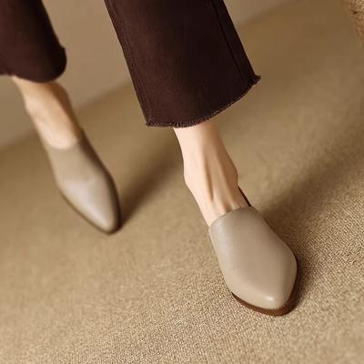 Soft Leather Medium Heel Women's Deep Mouth Shoes Soft Leather Thick Heel Autumn Pointed Apricot Single Shoes Women's Small Leather Shoes One Pedal Wo