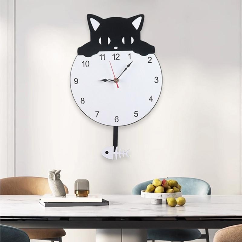 Quiet Movement Acrylic Pendulum Wall Clock with Funny Cats Fish Design Arabic Numerals for Living Room Bedroom Decors
