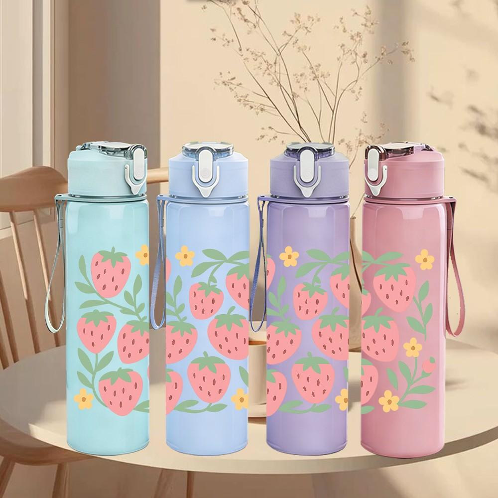 1PC Fresh Strawberry Floral Pattern 750ml Color Plastic Sports Water Bottle Leakproof Flip Straw Lid Suitable for Sports Office Home Use