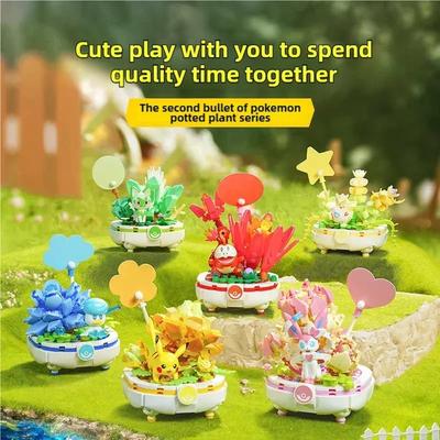 Pokemon Bausteine Pikachu Togepi Sylveon Sprigatito Blume Pflanze Topfpflanze Steine Desktop-Ausstellung Kinderspielzeug zum Selberbauen Geschenke
