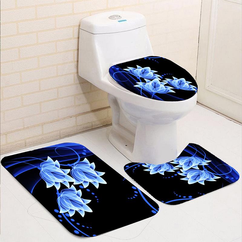 3D Rose Flower Shower Curtain Set Non-Slip Rugs Bath Mat Toilet Lid Cover and 12 Hooks Waterproof Polyester Bathroom Decor