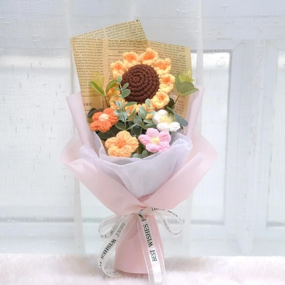 Crochet Knitted Flowers Bouquet Handmade Bouquet Arrangement Crochet Bouquet Artificial Flowers Handmade Sunflower Birthday