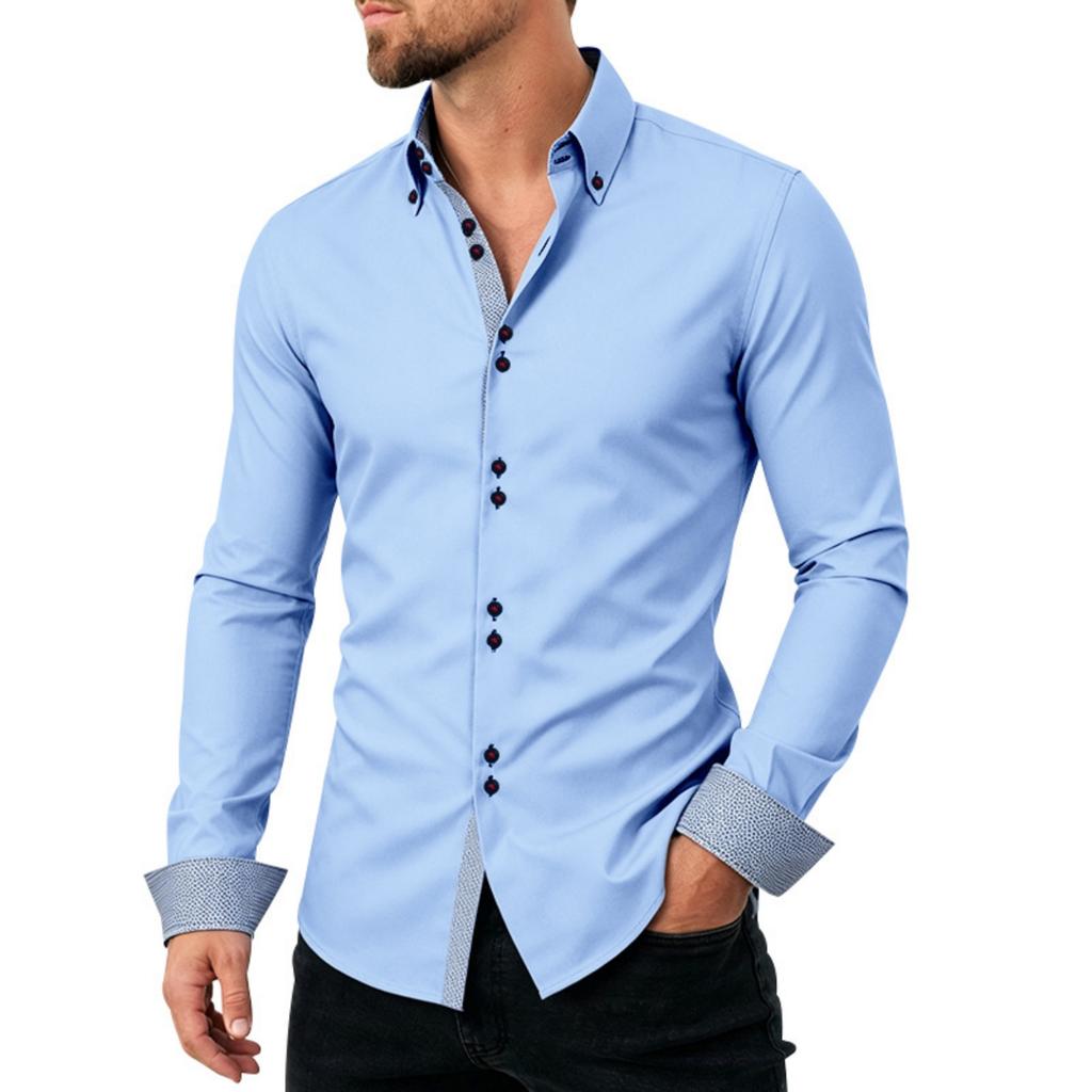 Men's Casual Business Long Sleeve Shirt Stretch Breathable Double Button Collar Slim Fit Dress Shirt for Office Work or Formal Occasions