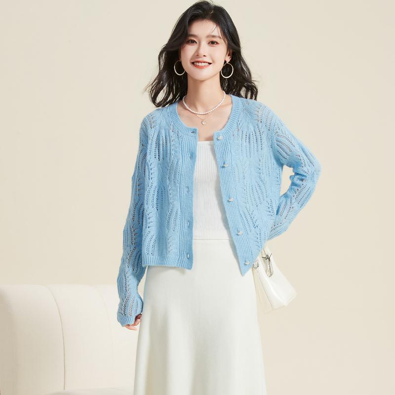 Spring Gentle and Lazy Style Solid Color Wool Sweater Hollowed Out Women's Coat
