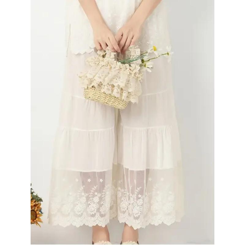 Sweet and Fresh Cropped Pants In Spring and Summer, Loose Oversized Embroidered Patchwork Lace Solid Color Micro Flared Pants