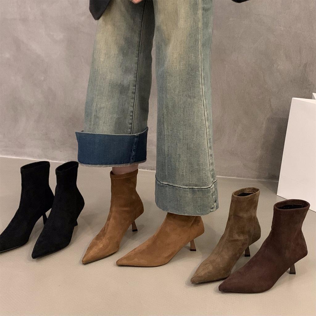High Heel Pointed Brown Suede Skinny Boots Short Boots Women'S Shoes Autumn And Winter Fleece French Small Ankle Boots