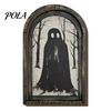 Halloween Hanging Wall Art Vintage Arch Wooden Sign, Gothic Spooky Ghost Decor with Bracket, Rustic Dark Aesthetic Home Ornament for Party Gift