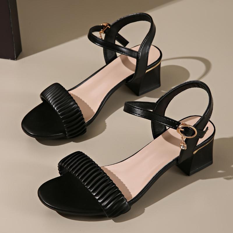 Fashion Elegant Women Mid Heels Sandals Designer Heeled Shoes 2025 Summer Trend New Fashion Chunky Pumps Dress Shallow Chaussures Femme