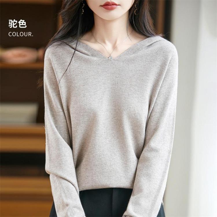 Warm V Neck Hooded Knitted Sweater for Women Autumn Winter Hoodie Sweater