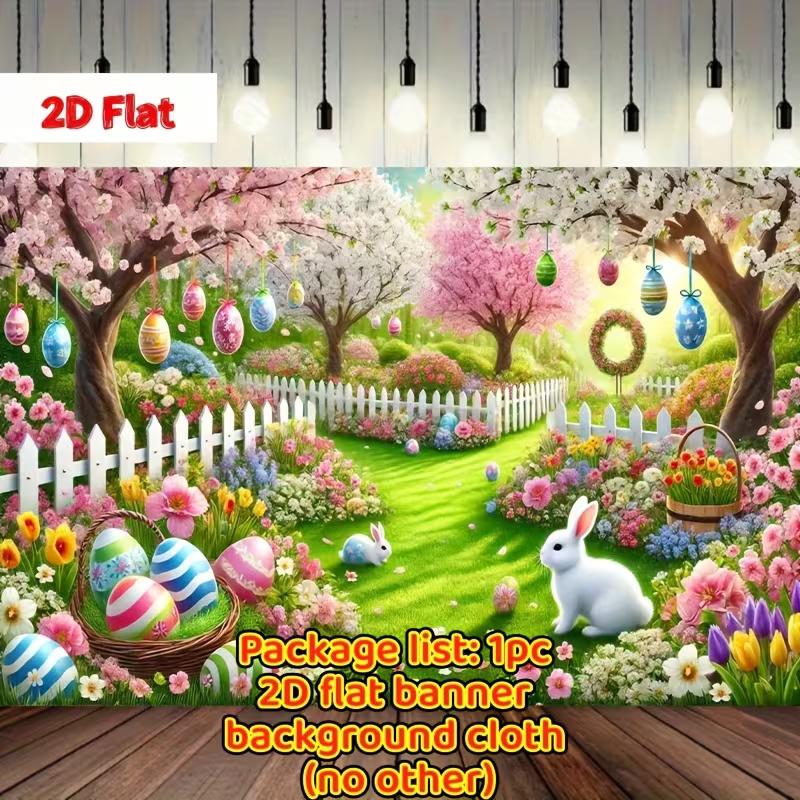 2D Easter Floral Garden Backdrop Cloth with Bunny and Colorful Eggs Wall Banner