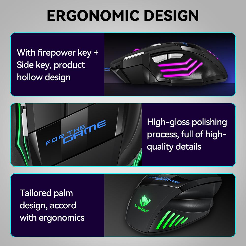 T-WOLF M1 Gaming Mouse Wired Ergonomic Design 7-Color Breathing Light for PC Gaming