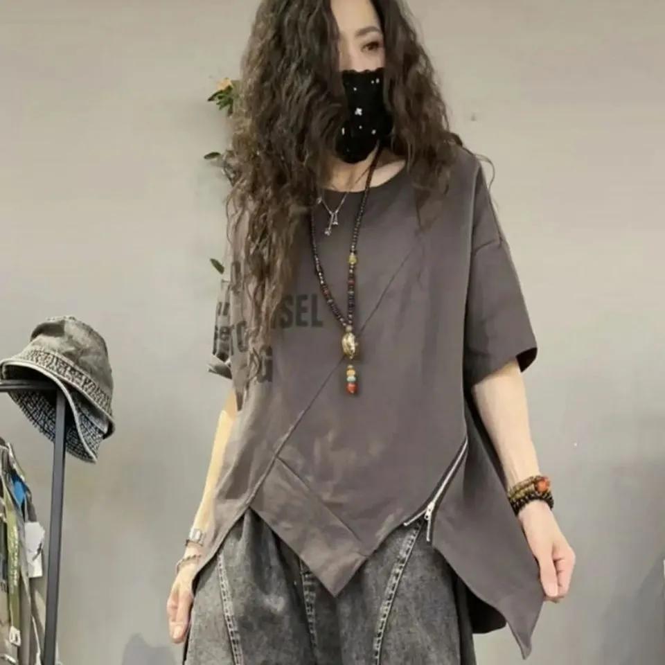 

Women s Summer Printed Zipper T-Shirt Asymmetrical Thin-Fit Short-Sleeve Top XS серый