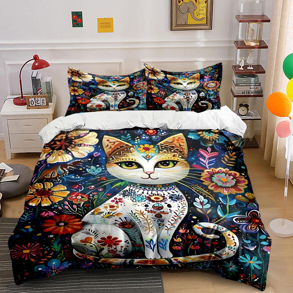 Decorative cat and flowers. Bedding sets Duvet cover sets Duvet covers Pillowcases(1 * Duvet Cover 2 * Pillowcases without duvet insert)