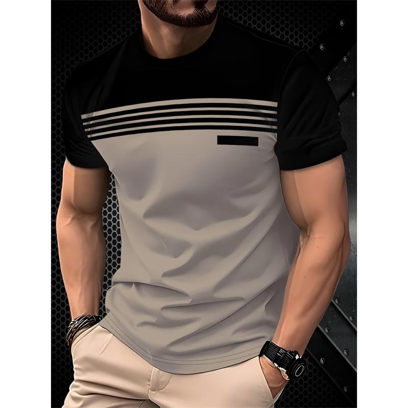 Men's Simple and Fashionable Contrasting Color T-shirt Summer Business Short Sleeved 3D Printed Top Casual Loose Daily Street Wear