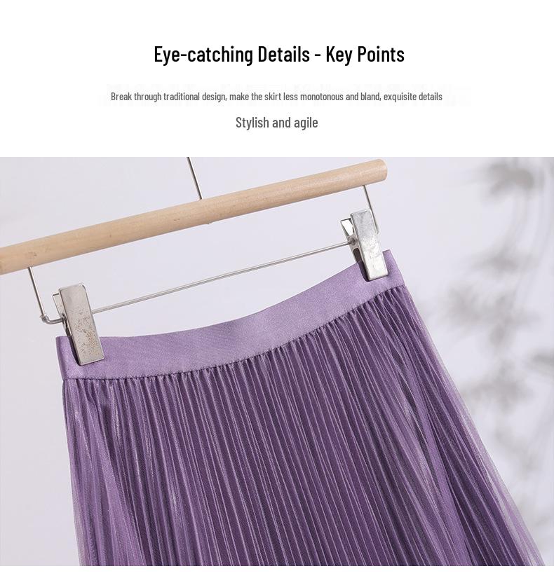 Solid Color High-Waisted Pleated Lurex Mesh Midi Skirt