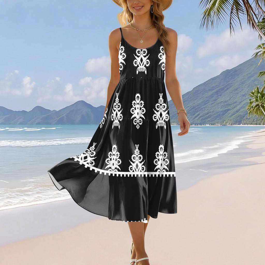 Ärmelloses Damen Maxikleid mit Spaghettiträgern, Farbverlaufdruck, Sommerlich, Fließend, Mehrlagig, Strandkleid, Lässig, Locker sitzend, Strandmode