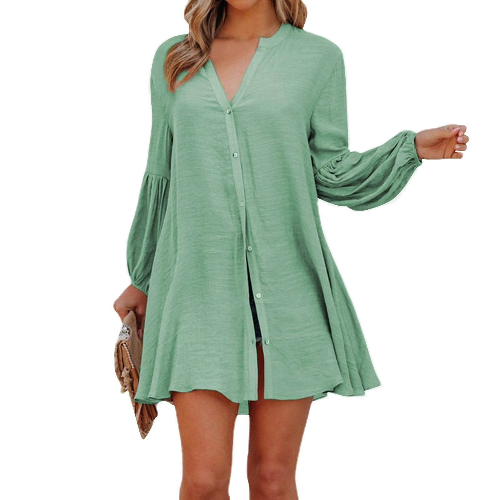 

Женская однотонная повседневная свободная футболка-кардиган с длинными рукавами и пуговицами XL зелёный