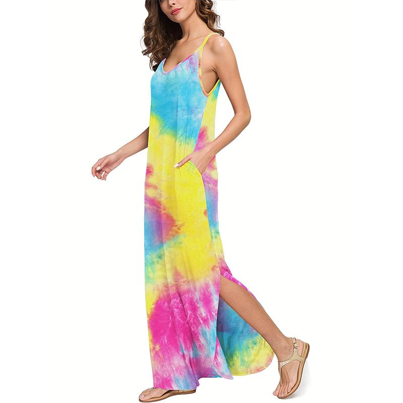 Rochie dintr-o bucată, imprimată cu vopsea cravată, cu bretele fără spate, vacanță de vară pentru femei