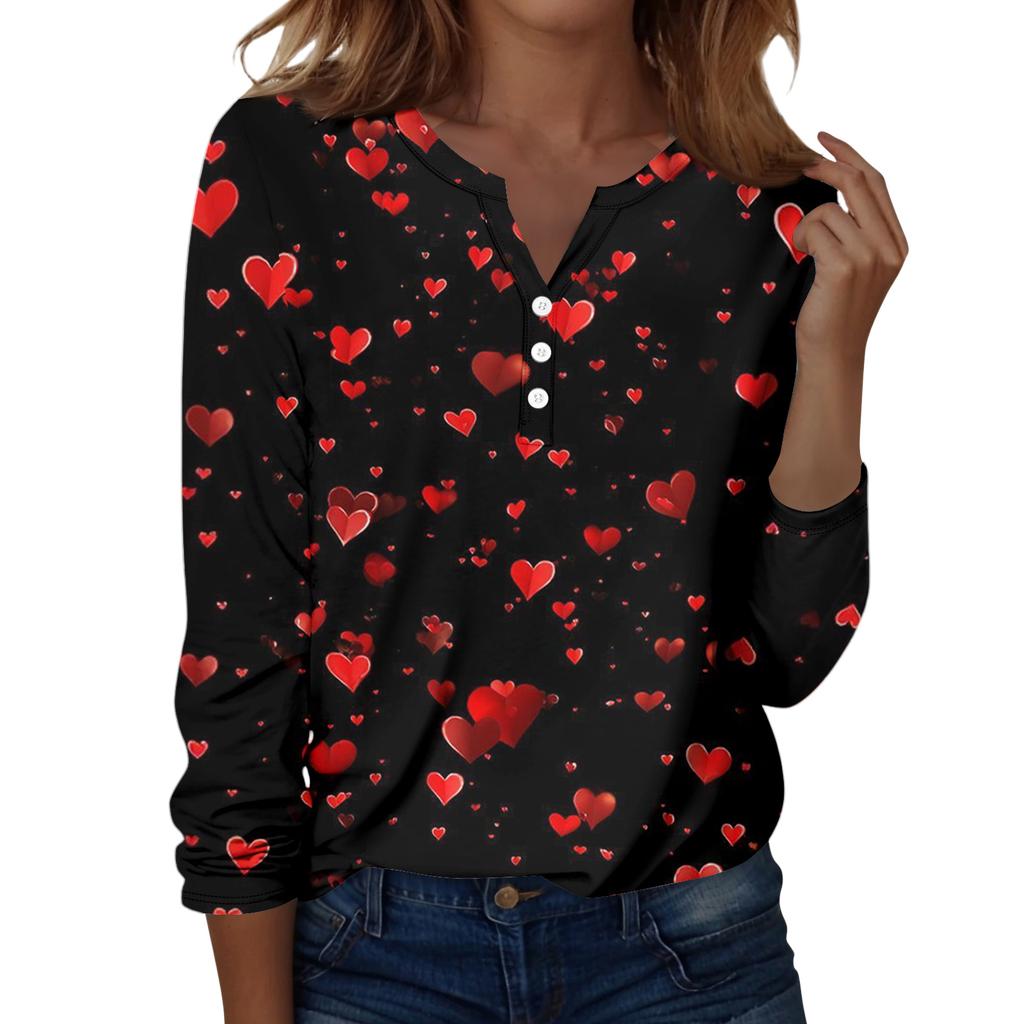 Damen T-Shirt mit Weihnachtsdruck, Knopfleiste, lange Ärmel, für den Alltag, Wochenende, modisch, Basic, V-Ausschnitt, normales Oberteil