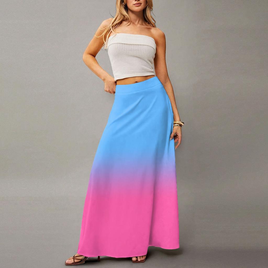 Damen Lässig Freizeit Faltbar Farbverlauf Druck Hohe Taille Mit Tasche Drapierter Entspannter Langer Maxi Rock