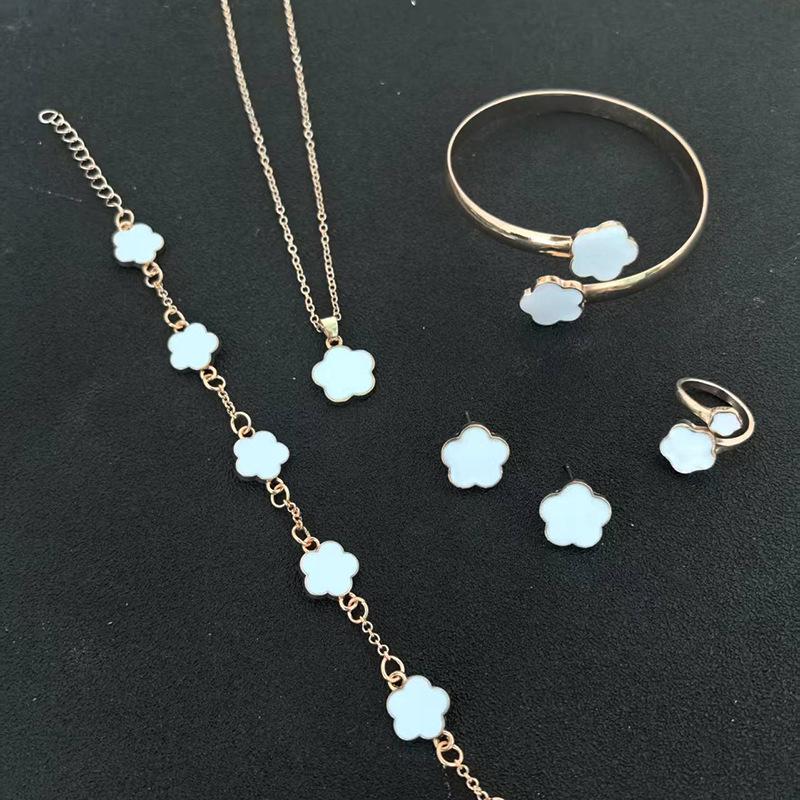 European Elegance: Five-Petal Flower Jewelry Set (Necklace, Bracelet, Bangle, Earrings, Ring)