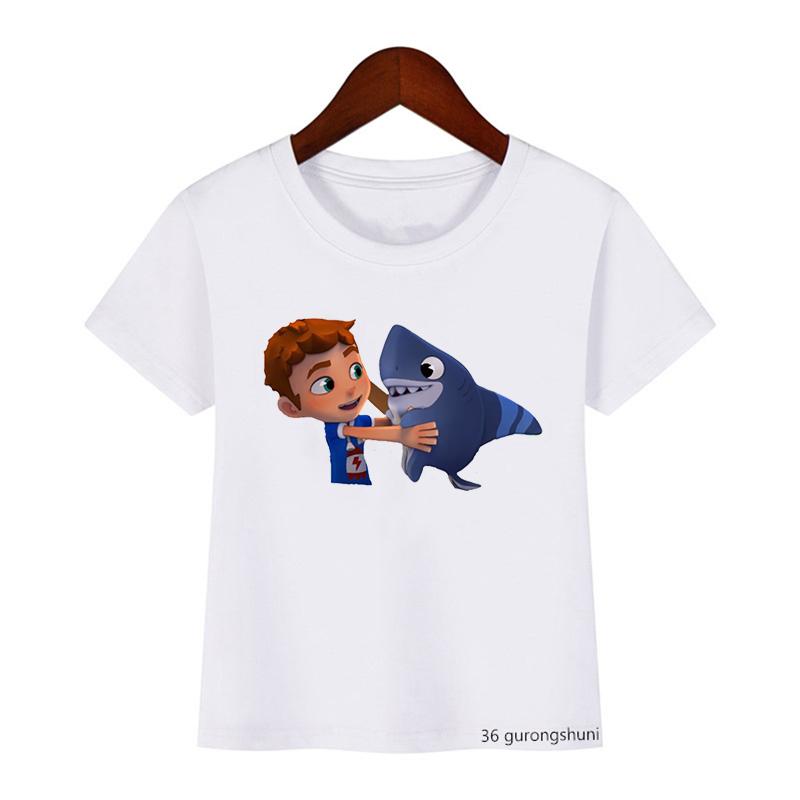 Cute Boys Girls Kawaii Sharking with Sharkdog Cartoon Print Children'S Tshirt Summer Baby Clothes White Short Sleeve Tops