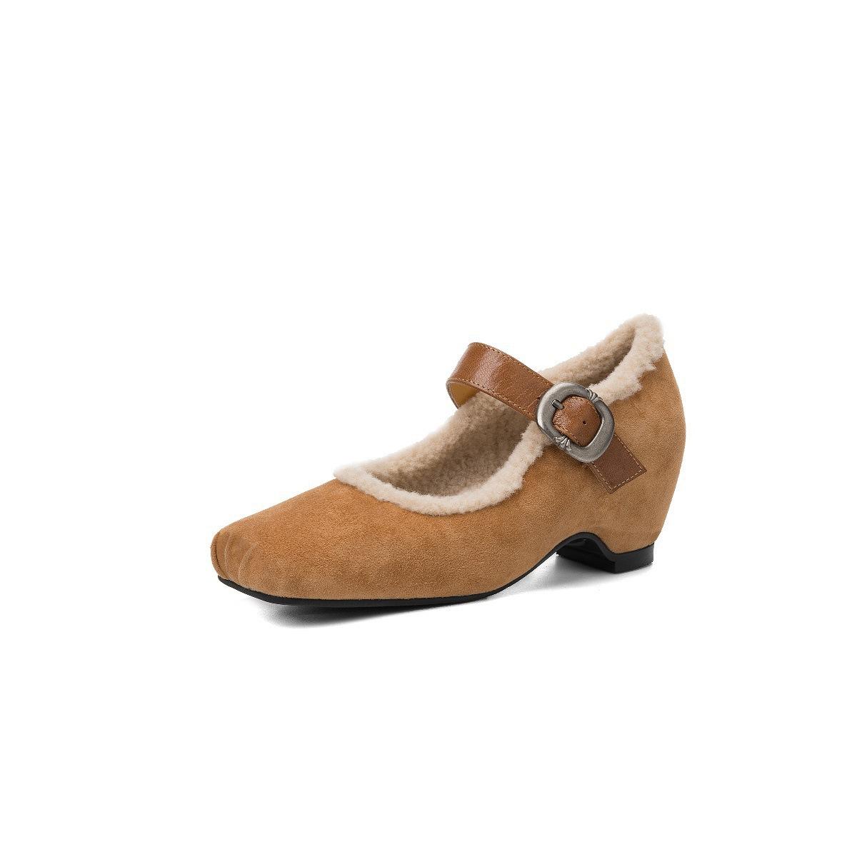 

Retro velvet thick Mary Jane shoes women s winter warm small inner height square head high heel single shoes 40 жовтий