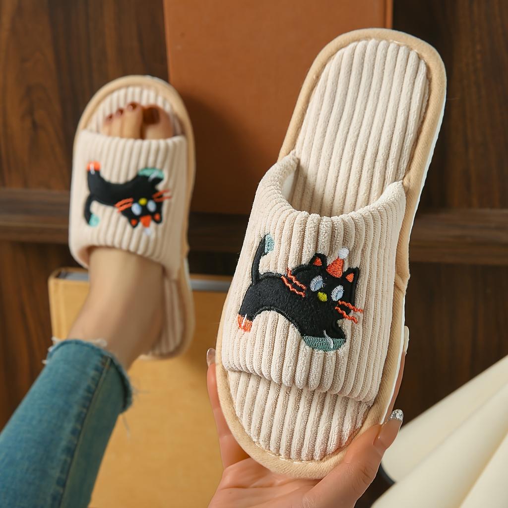 Cute Cartoon Cat Slip-On Slippers with Santa Hat & Striped Design - Non-Slip EVA Sole, Soft Fabric Indoor House Shoes for Men & Women,