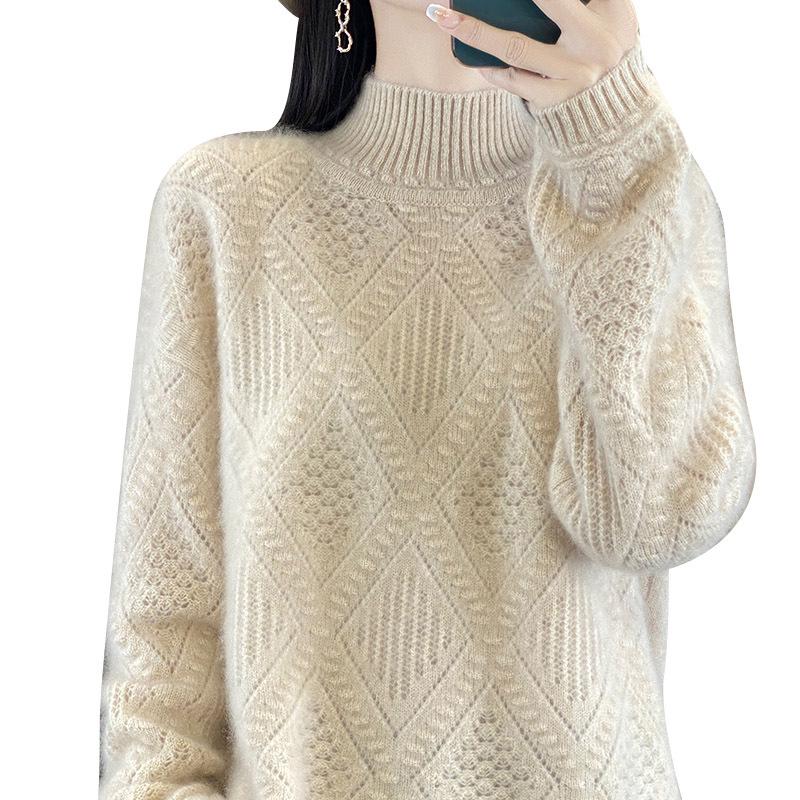 Women's Autumn & Winter Pure Wool Diamond Knit Sweater - Semi-High Neck, Versatile, Elegant Pullover
