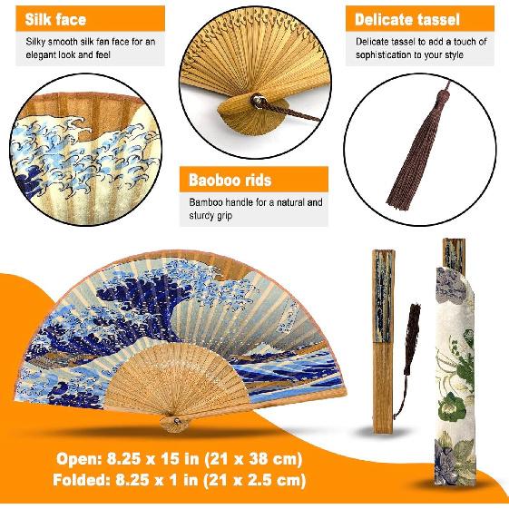 Hand Fan for Women Foldable - Folding Chinese Japanese Vintage Bamboo Silk Fan - Ideal for Hot Flashes, Church, EDM, Festivals, Dancing and Gifts