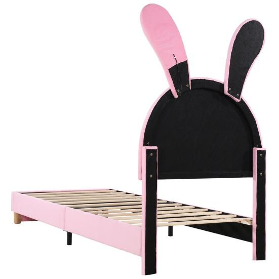 Polsterbett 90x200, mit zwei Stauraumhockern, LED-Nachttischleuchte, Ausklappbare Hasenohren, Ohne Matratze, Jugendbett, Lattenrost, Höhenverstellbar