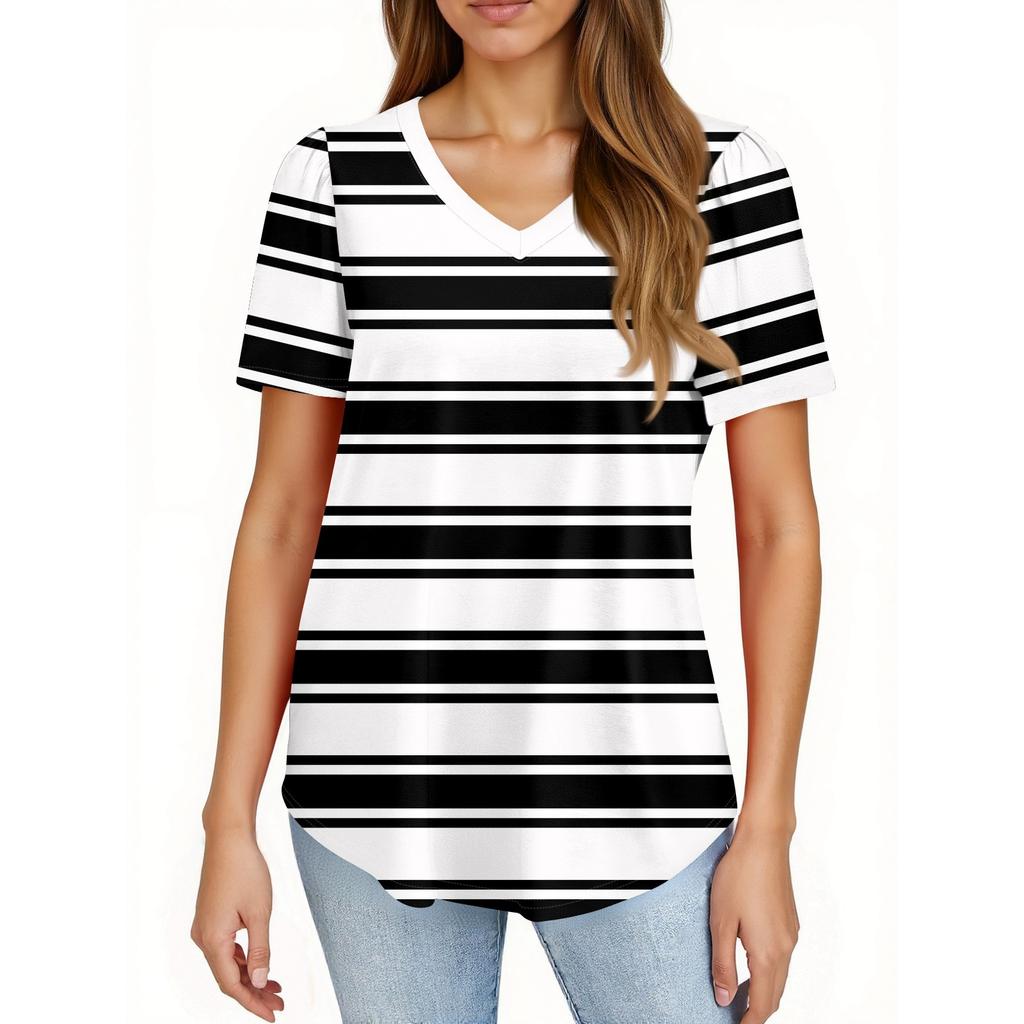 Women's Fashionable Casual Short Sleeve Print V-Neck Pullover Top