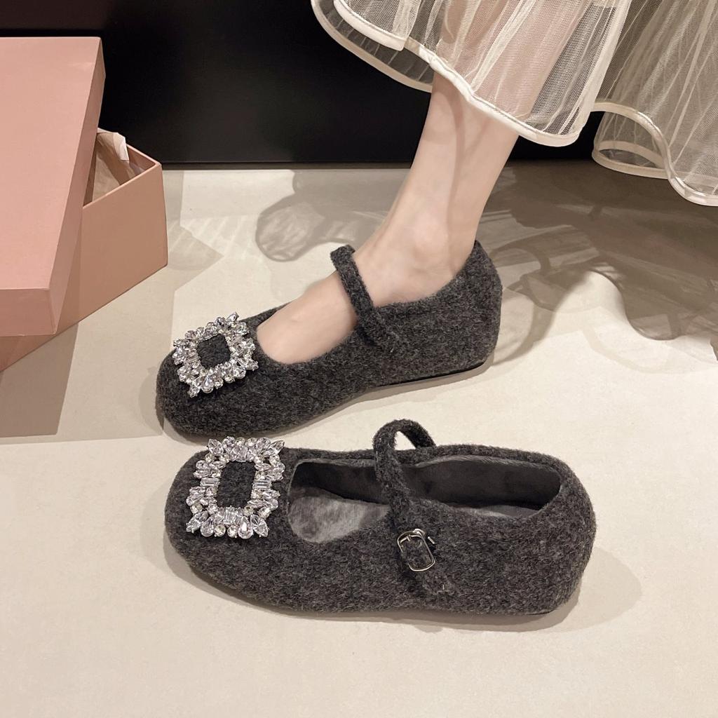 Retro 4 Autumn And Winter New Cm Korean Shallow Mouth Single Shoes, Rhinestone Velvet Versatile Mary Jane Shoes, Women'S Inner Height Increases Gently