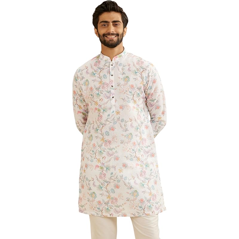Manyavar Blended Cotton Men's Floral Print Kurta (Cream,L)