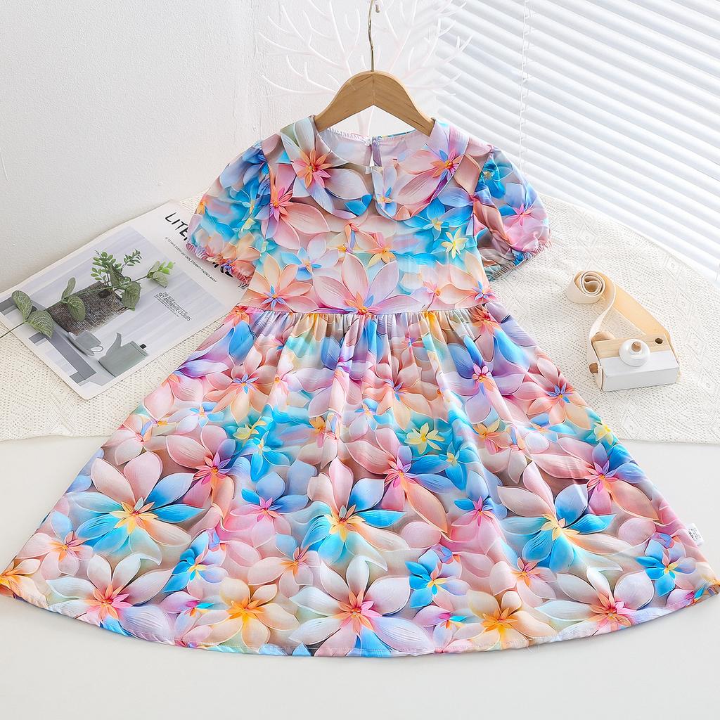 Resort Style Children's Clothing Summer Style Children's Cotton Silk Doll Collar Princess Dress Girls Artificial Cotton Floral Dress