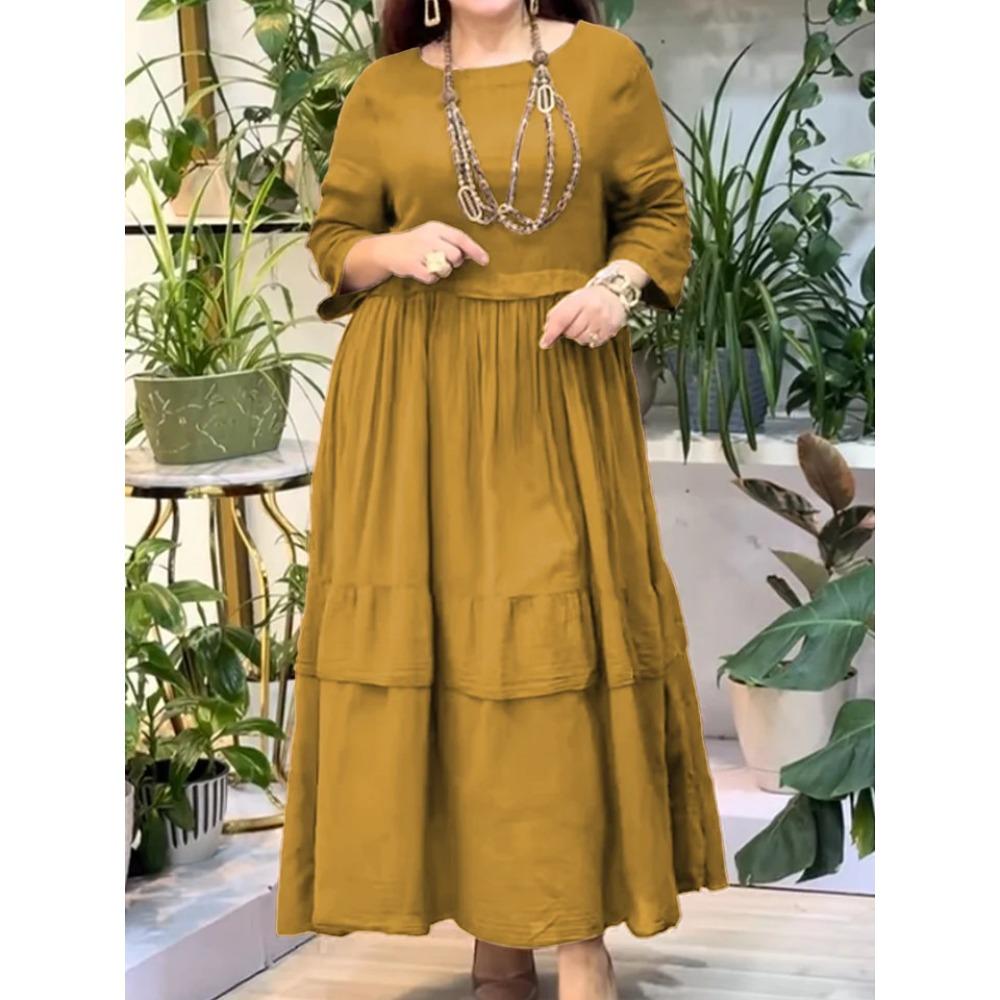 

Женский однотонный повседневный топ с круглым вырезом и короткими рукавами, платье миди с оборками на средней талии 5XL дубильная кора