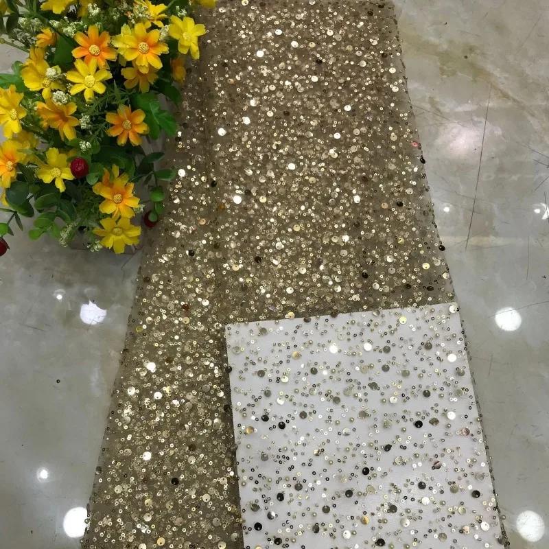 Luxury 3D Sequined Beaded Mesh Embroidered Lace Fabric Handmade Wedding Dress DIY Accessories Width 130cm 1Meter