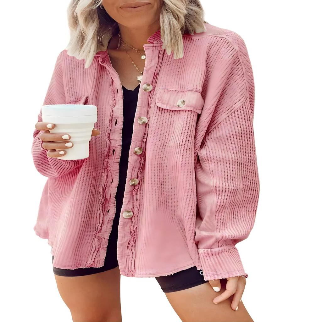 Elegant Solid Color Ribbed Tops Lady Jackets Autumn Winter Fashion Breasted Button Women Coats Casual Loose Long Sleeve Outwears