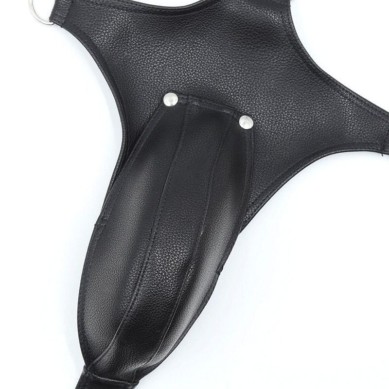 Men's SM Leather Double Shoulder Strap Pants with Erotic Birdcage Restraint