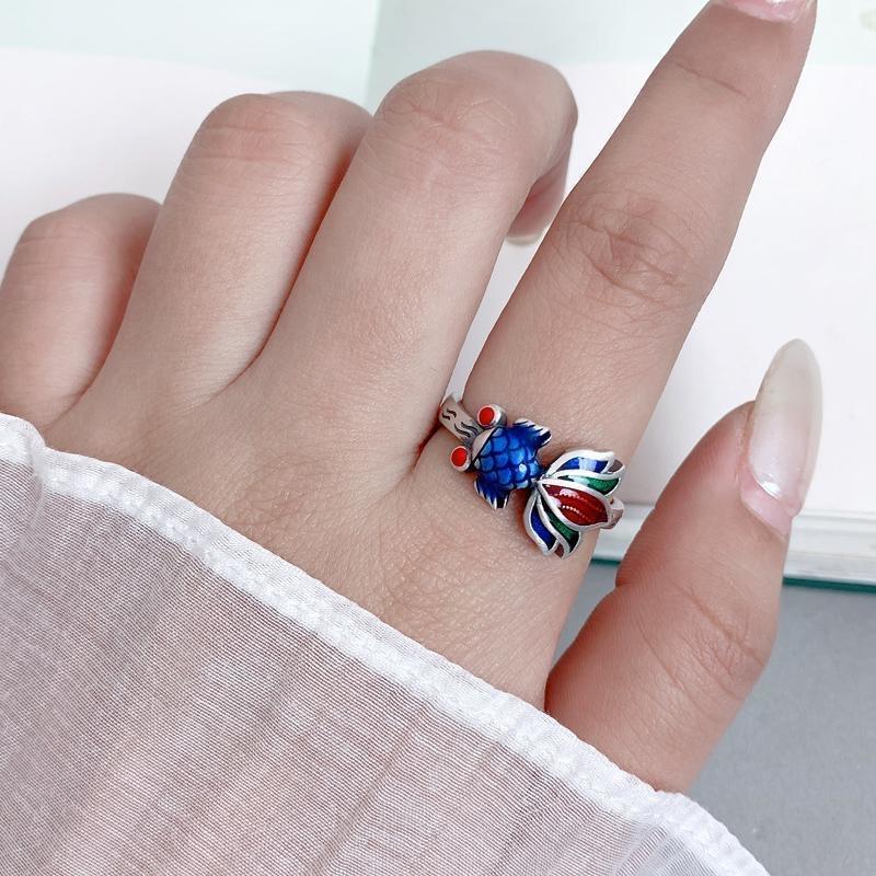 Chinese Style Goldfish Ring Female Ins Live Adjustable Small Fish Koi Enamel Retro