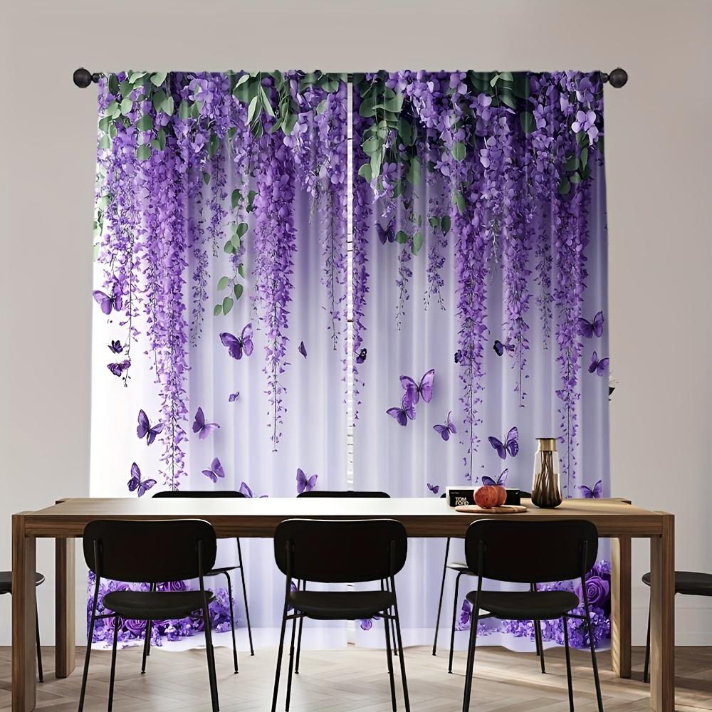 2Pcs Polyester Stylish Spring Purple Printing Window Curtains Birthday Party Decoration Backdrop Drapes for Living Room