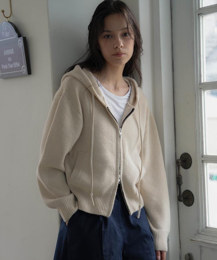 DEHEVE Two-Way Hood Zip-Up Knit [Beige]